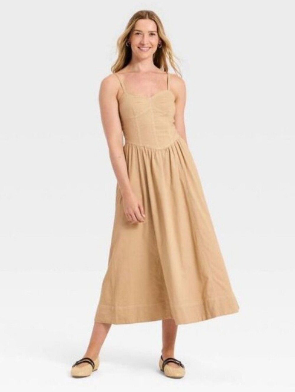 Universal Thread Corset Sleeveless Tan Midi Dress with Sweetheart Bodice M